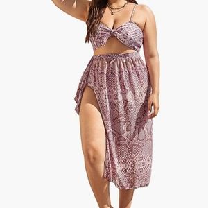 Pink snakeskin print bikini with beach skirt.